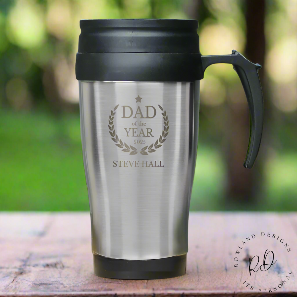 Personalised gift travel mug for dad with bold uppercase text