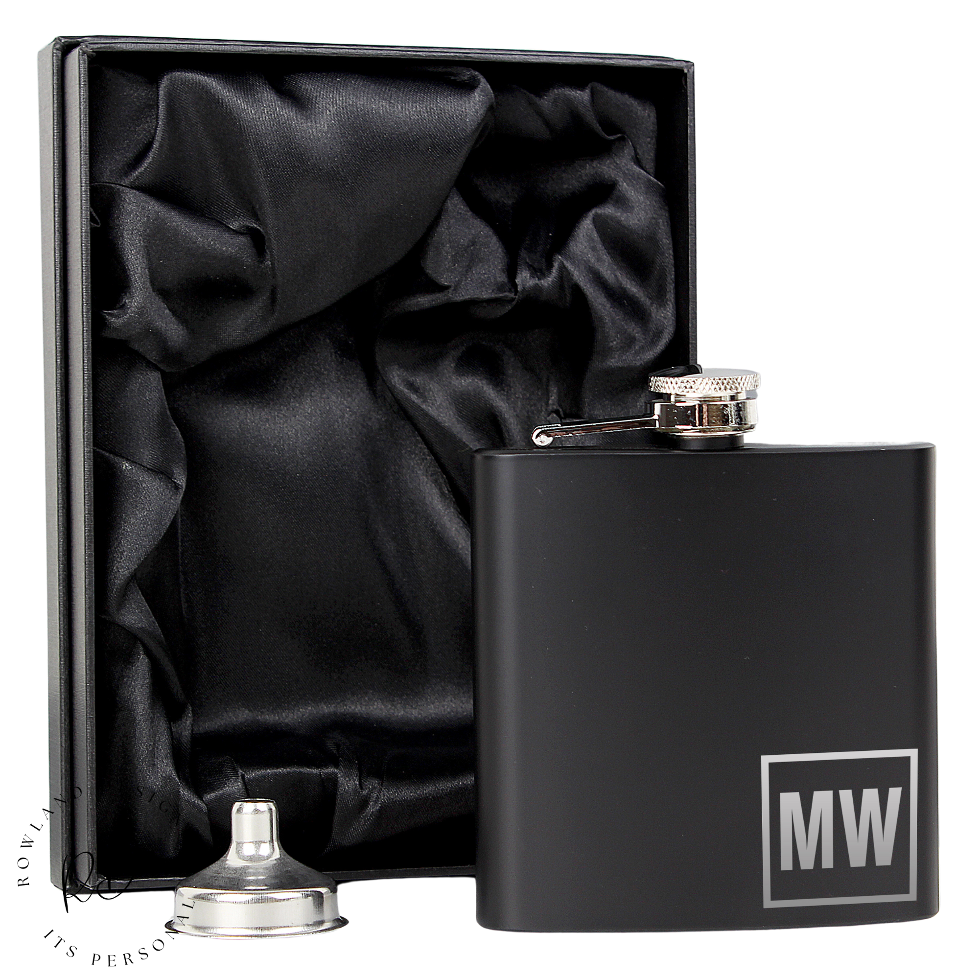 Personalised hip flask in a silk-lined presentation box