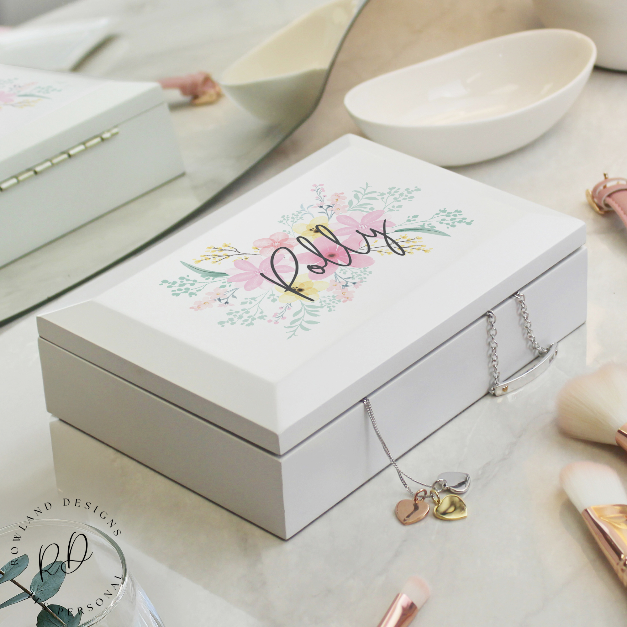 Floral wooden jewellery box with personalised name