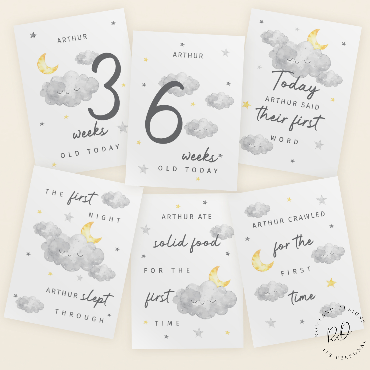 Unisex cloud milestone cards for baby photos