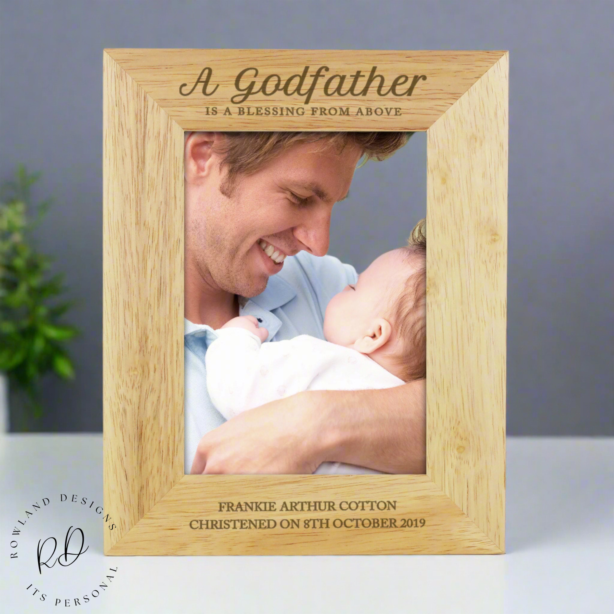 Personalised oak photo frame for godfather