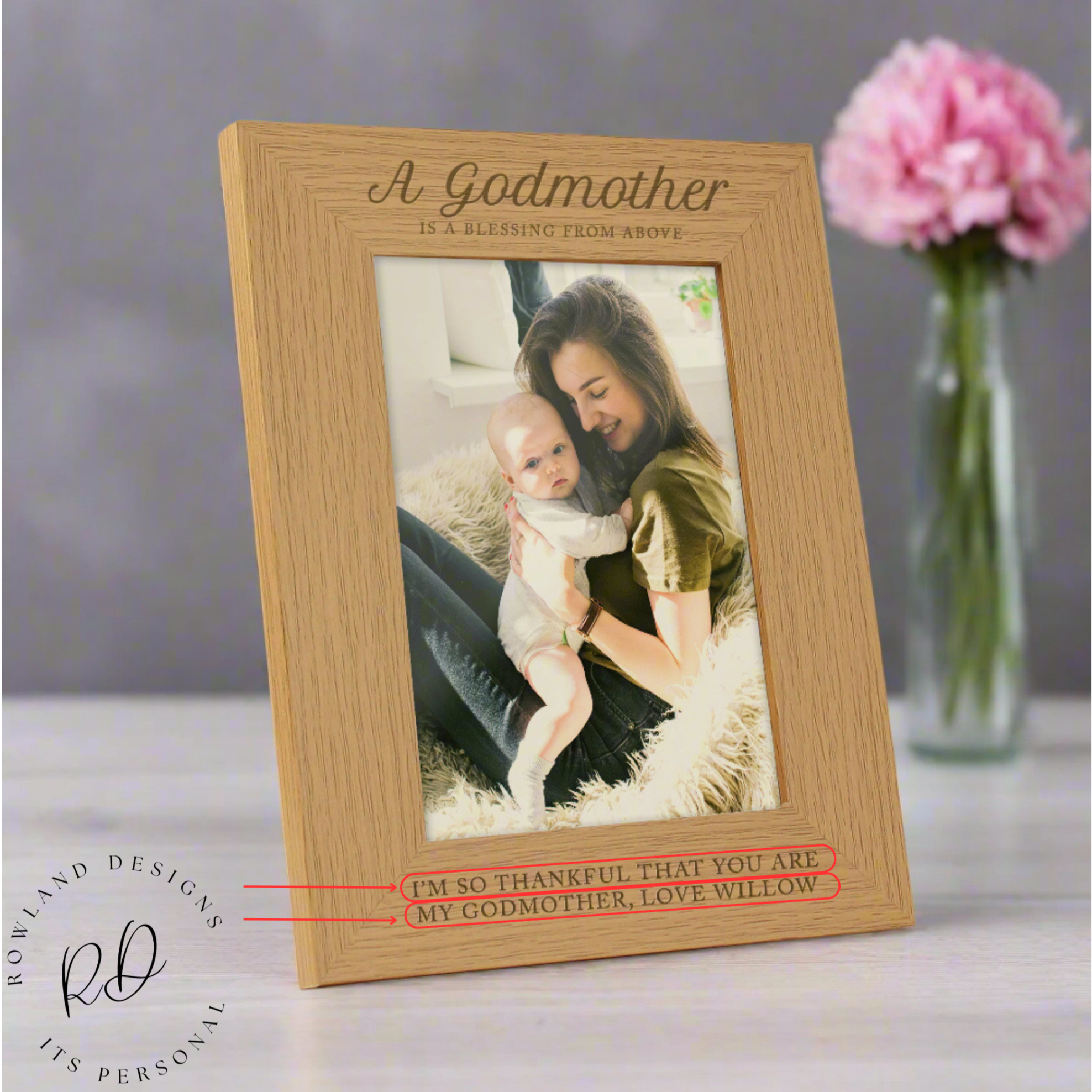 Personalised godmother oak finish photo frame