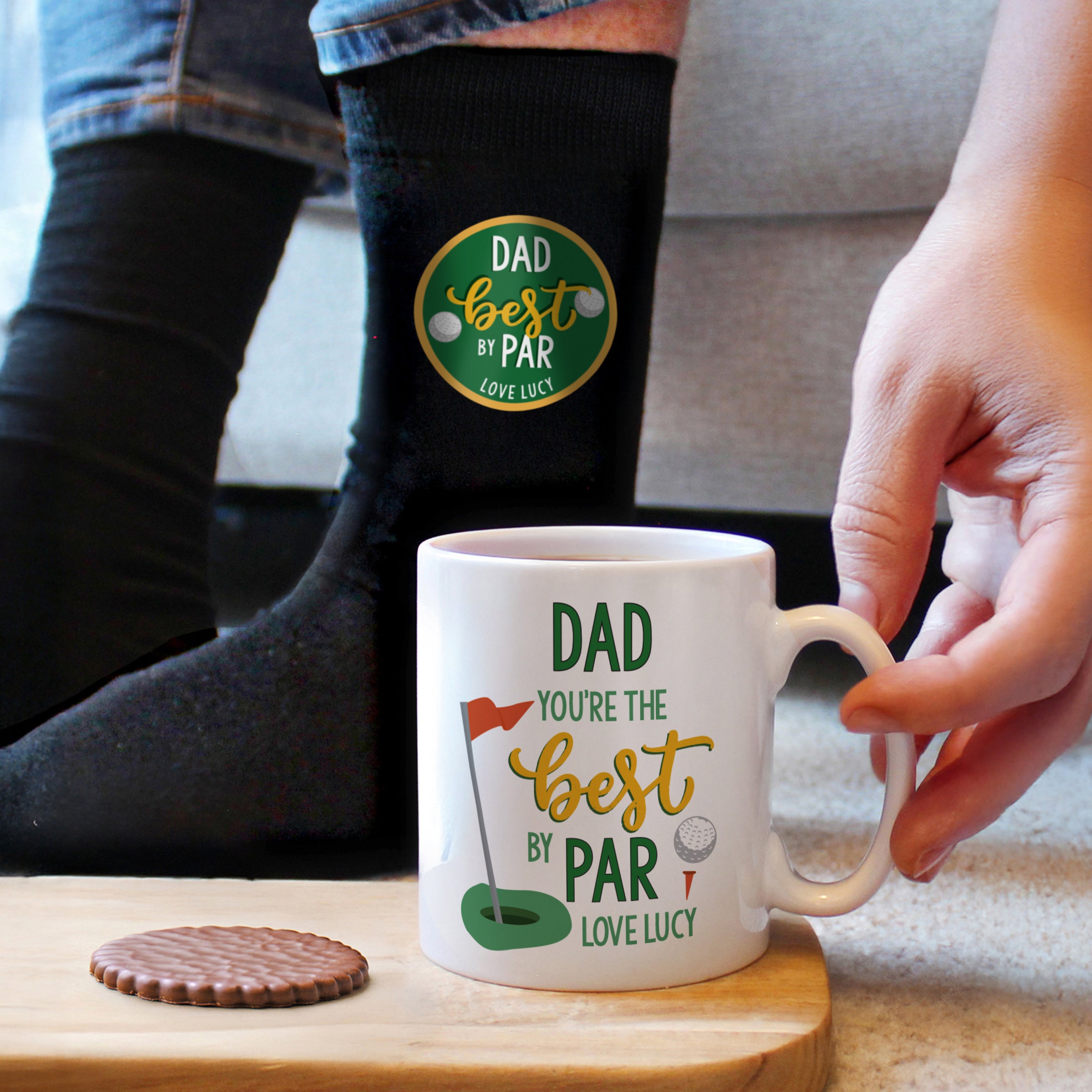 Golf themed personalised mug and socks set with Best By Par design