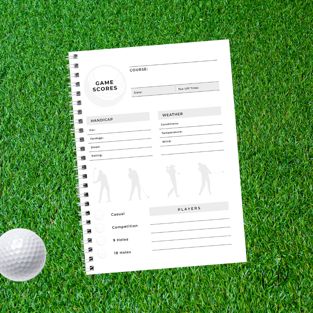 Inside view of A5 golf notebook with scorecard and notes pages