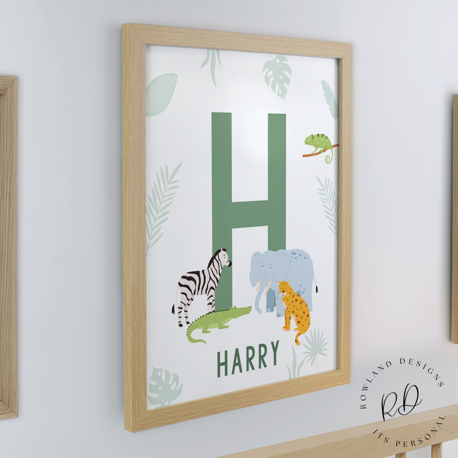 Child's name print in oak-effect frame