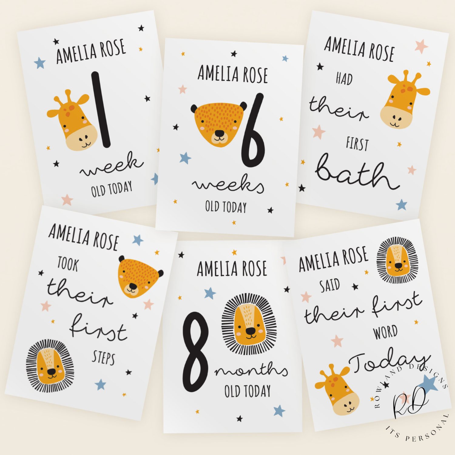 Set of milestone cards displayed as a baby shower gift