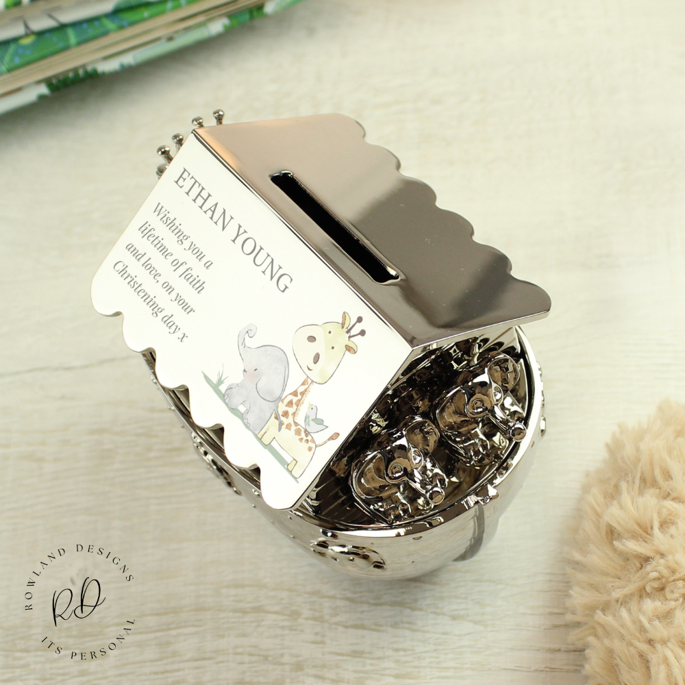 Christening Money Box – Personalised Hessian Friends Noah’s Ark.