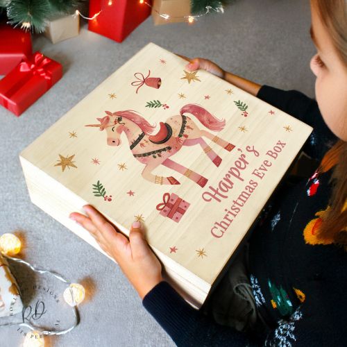 Natural Wood Unicorn Christmas Eve Box Metal Clasp Keepsake