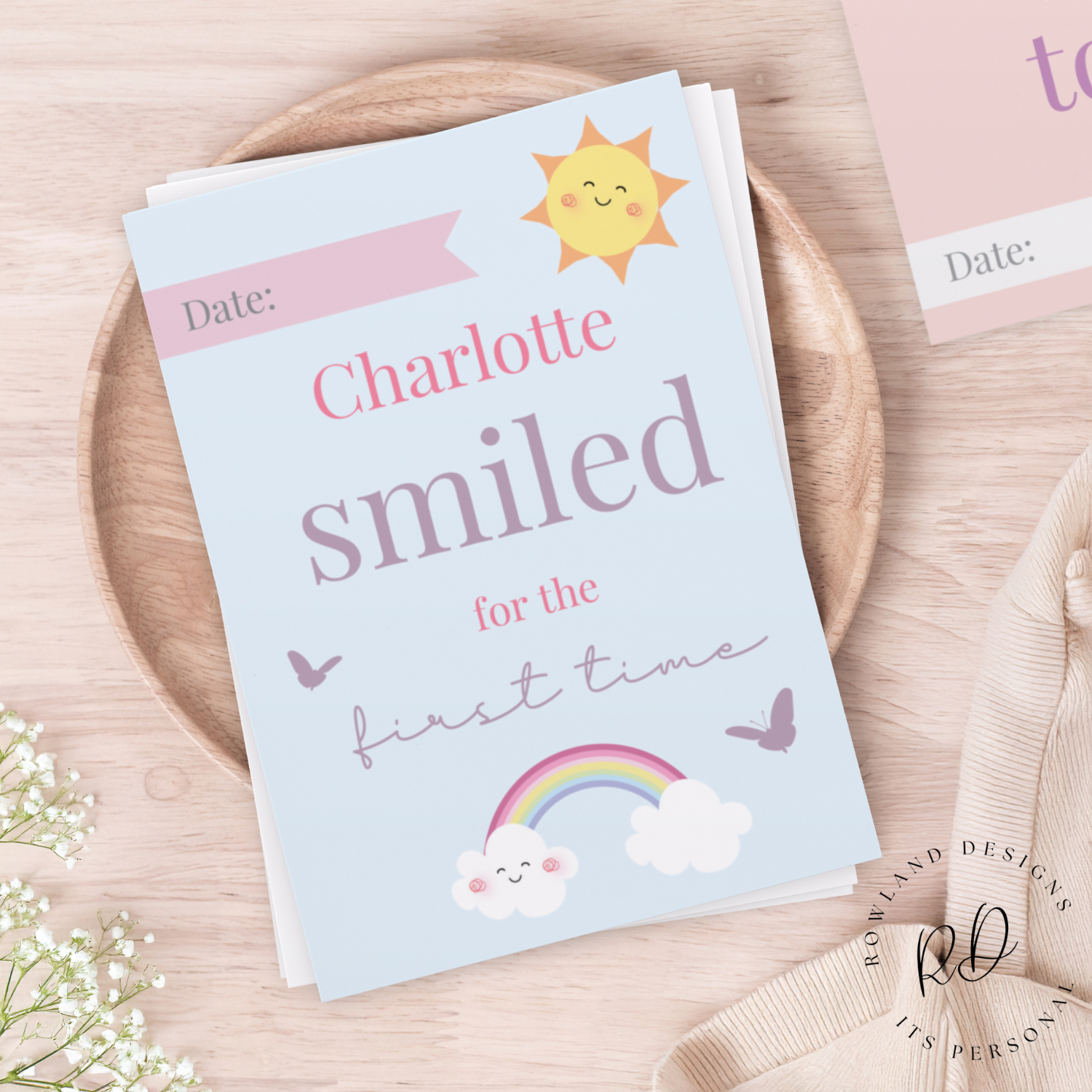 Fairy-themed baby memory cards with name personalisation