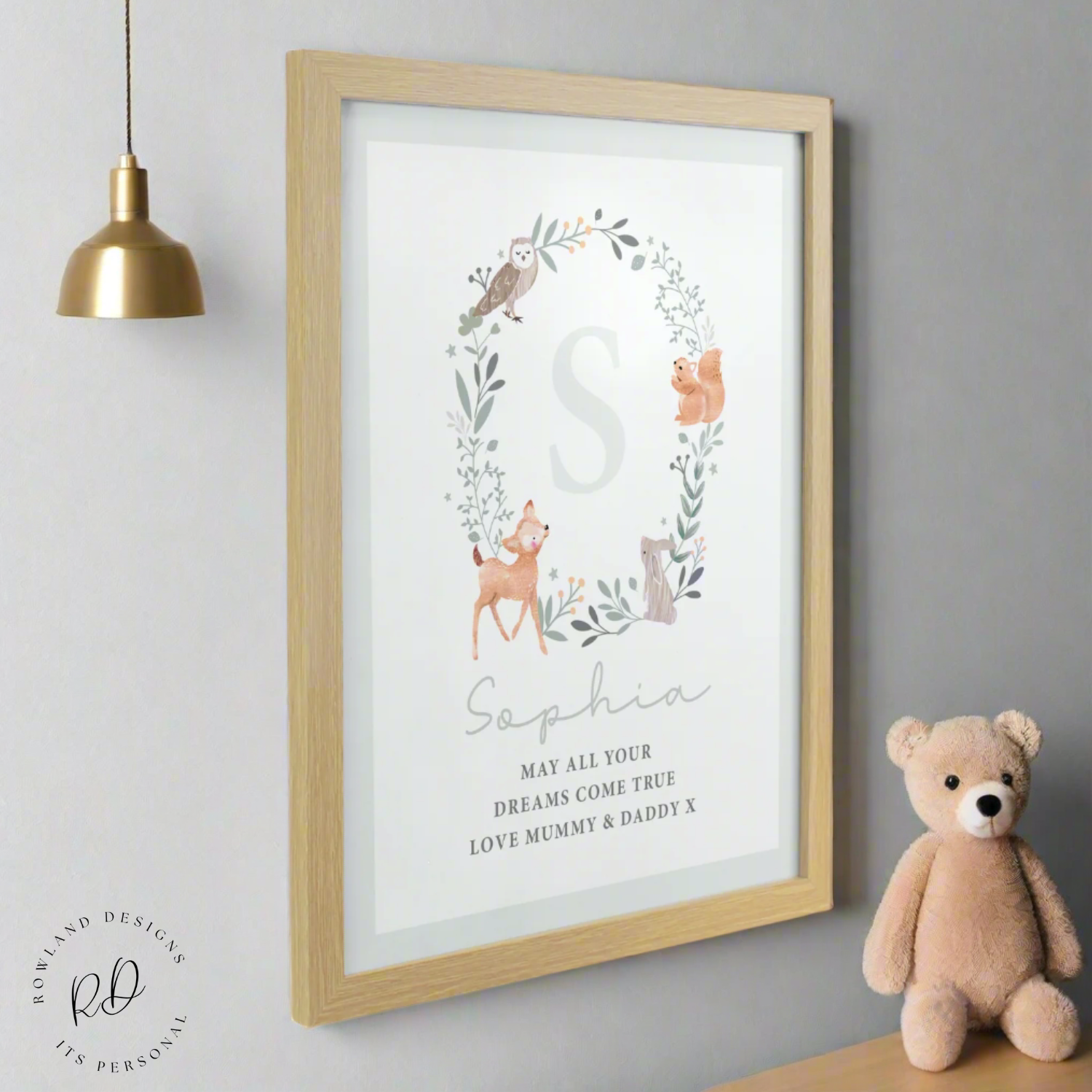 Oak framed baby name print with forest animals and initials