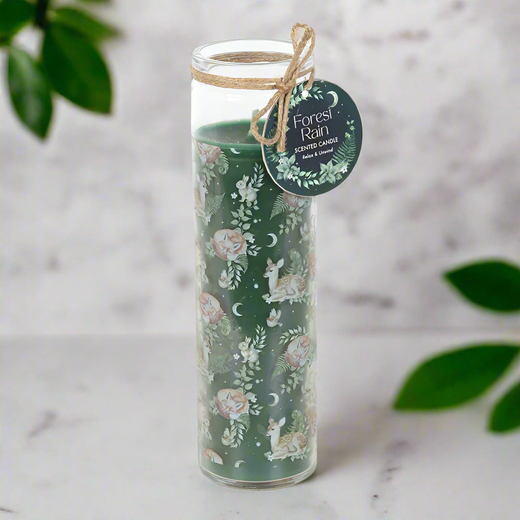 Scented wax candle with woodland design