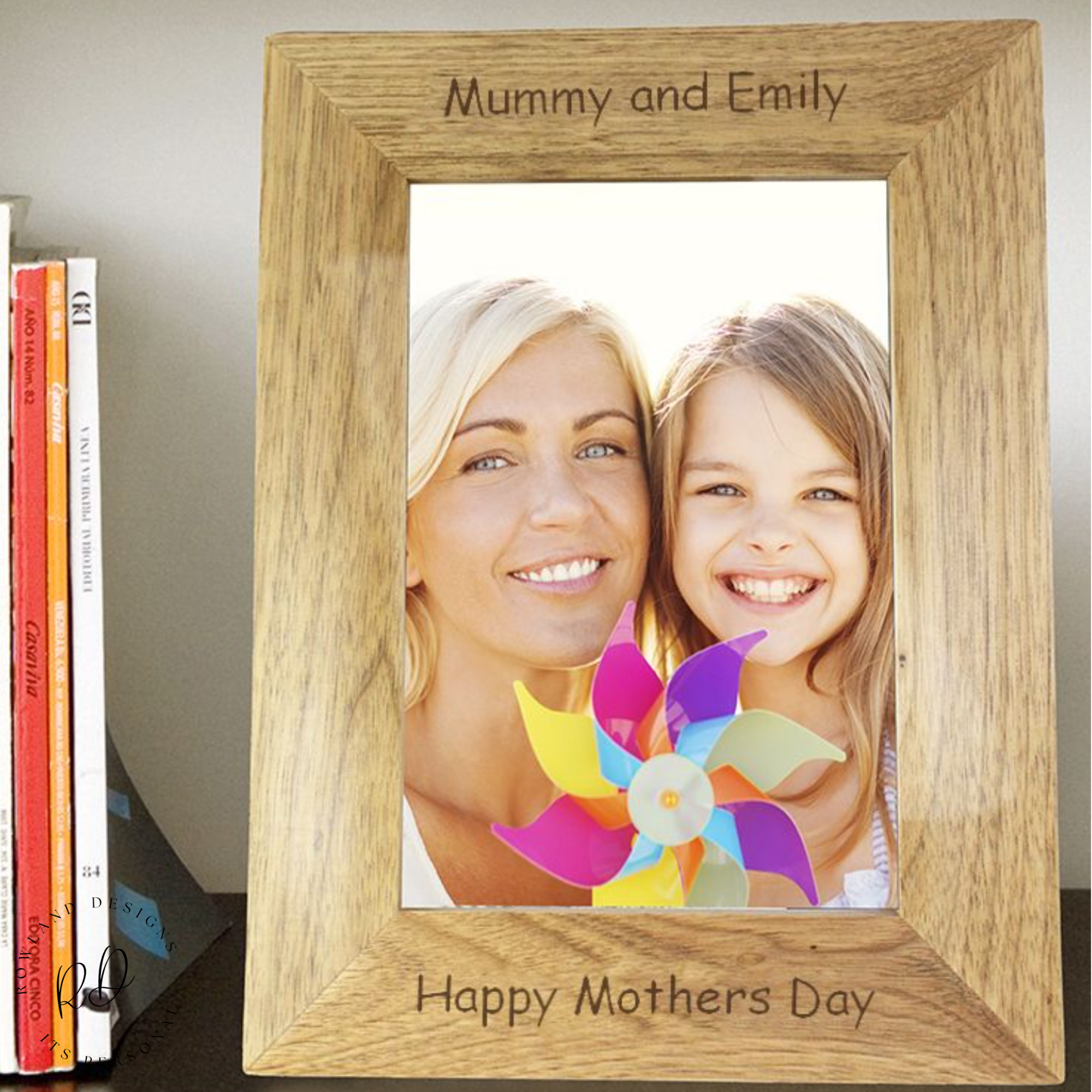 Personalised 5x7 oak finish photo frame with custom engraving.