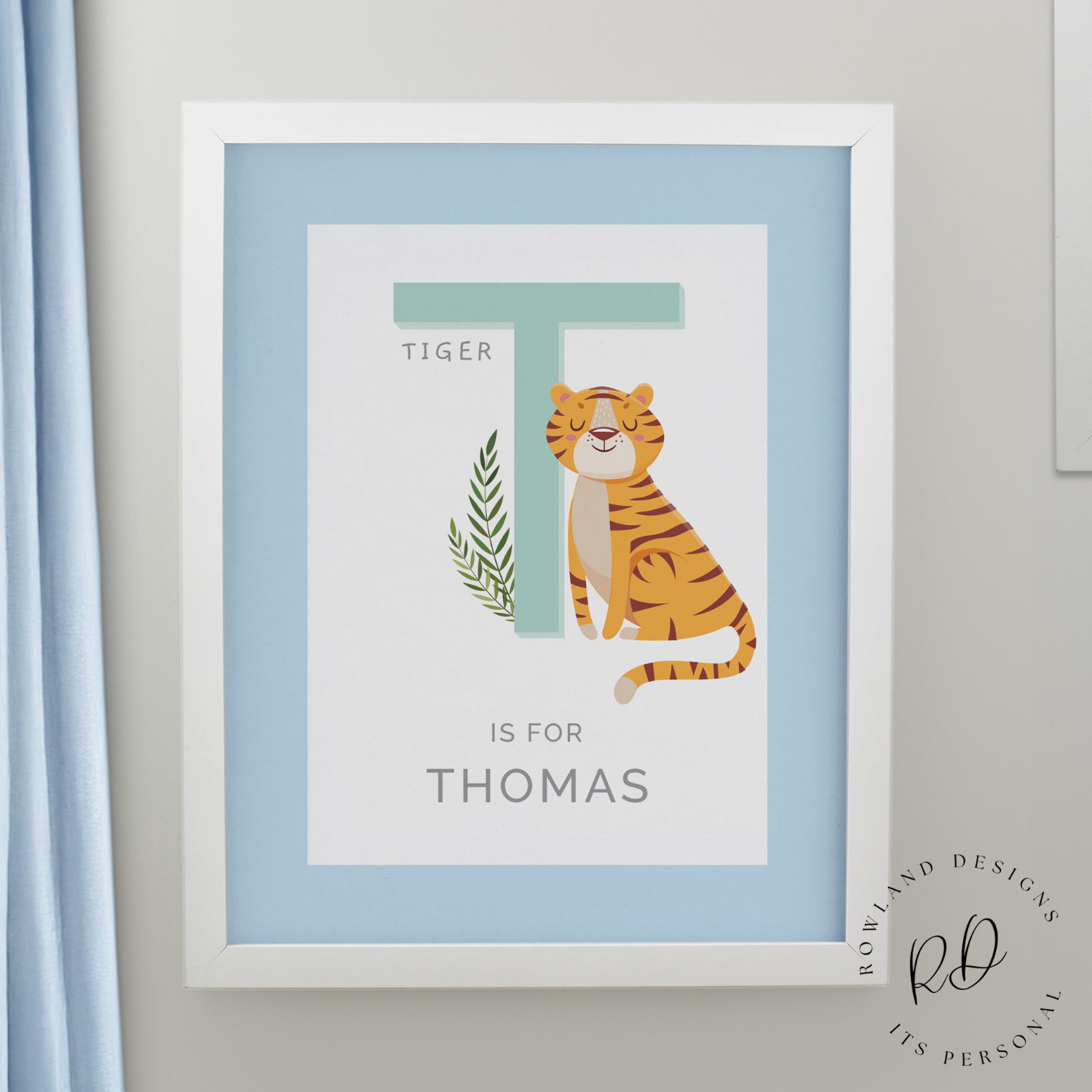 Personalised animal alphabet print in white frame