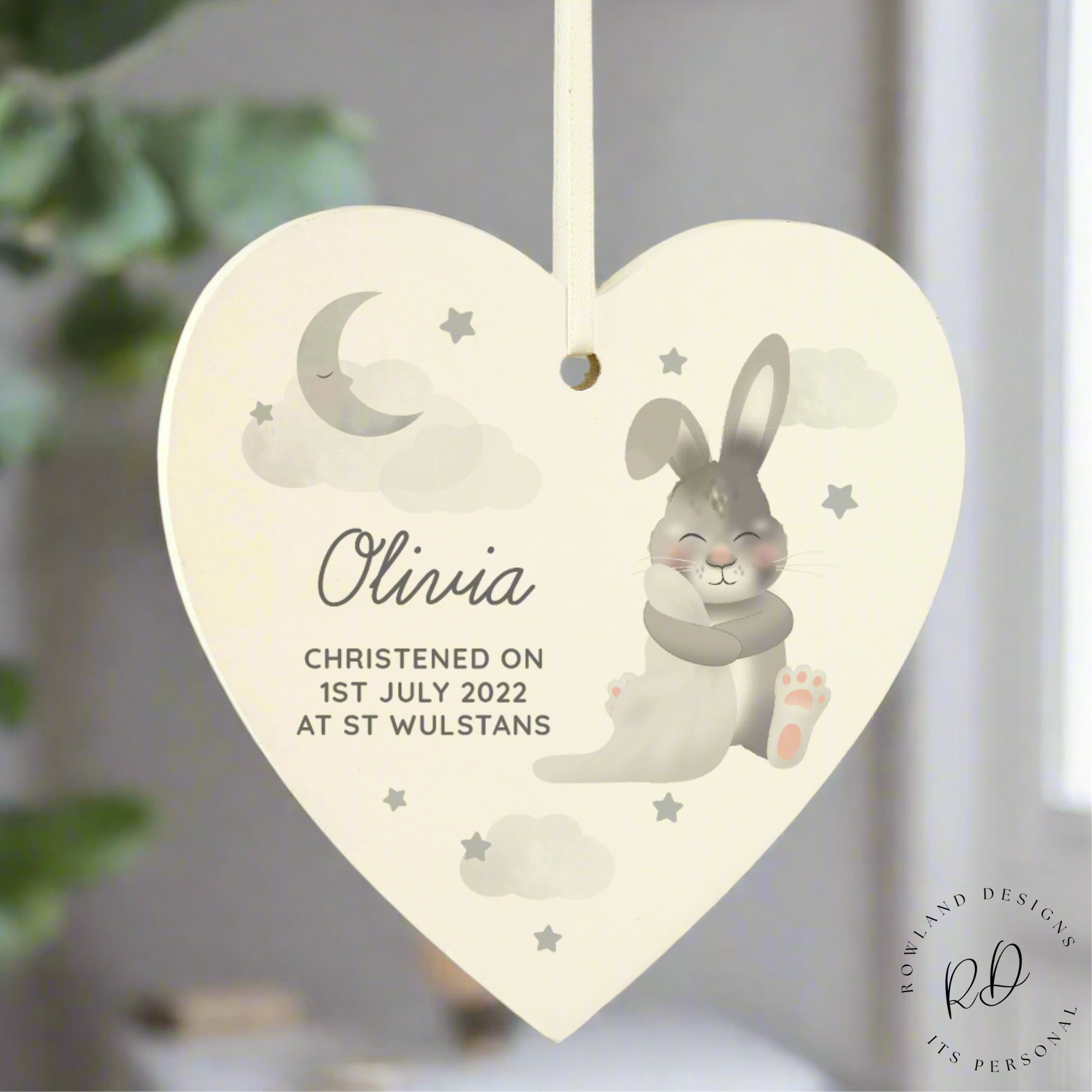 Personalised baby bunny wooden heart decoration