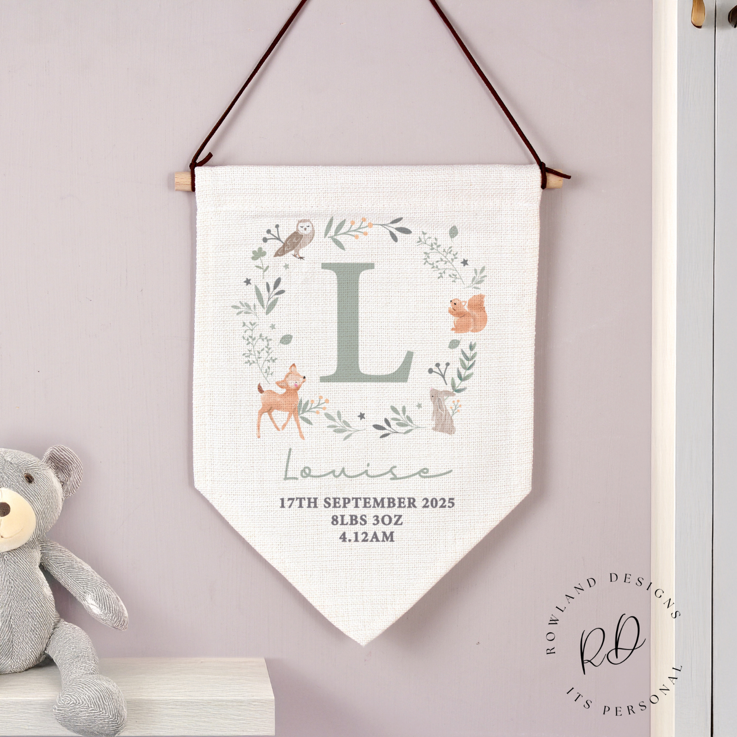 Personalised baby gift rainbow wall banner with custom name and birth details – front view