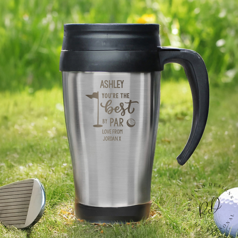 Personalised Best By Par golf travel mug with custom name – front view