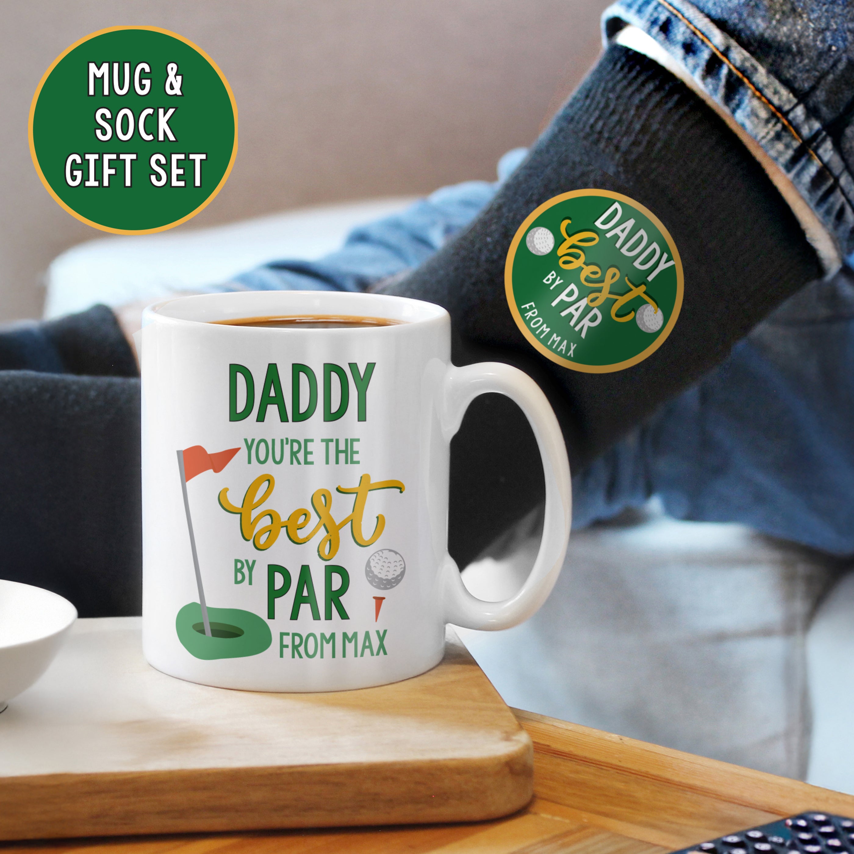 Personalised Best By Par mug and matching socks gift set for golf lovers