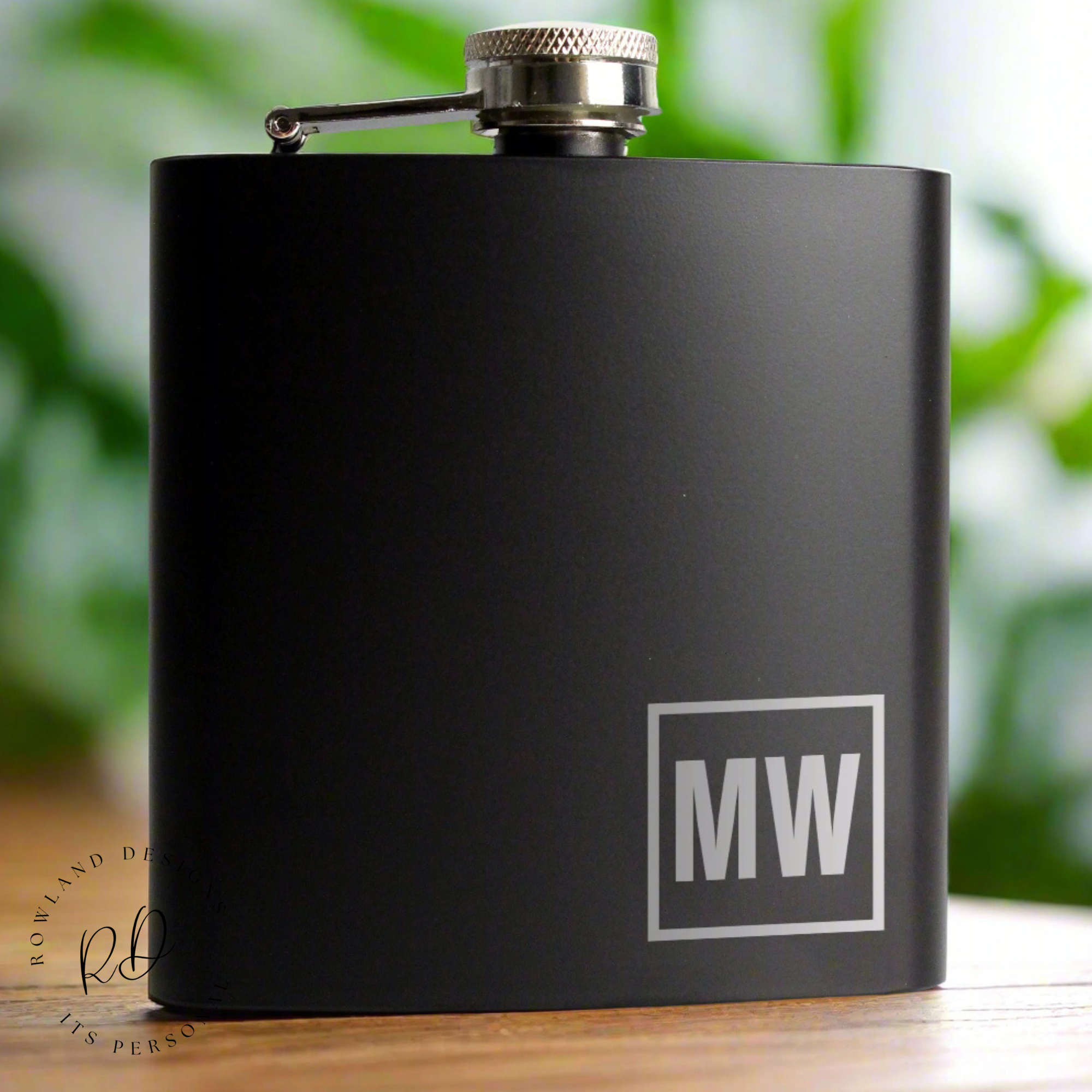 Custom engraved black hip flask with initials