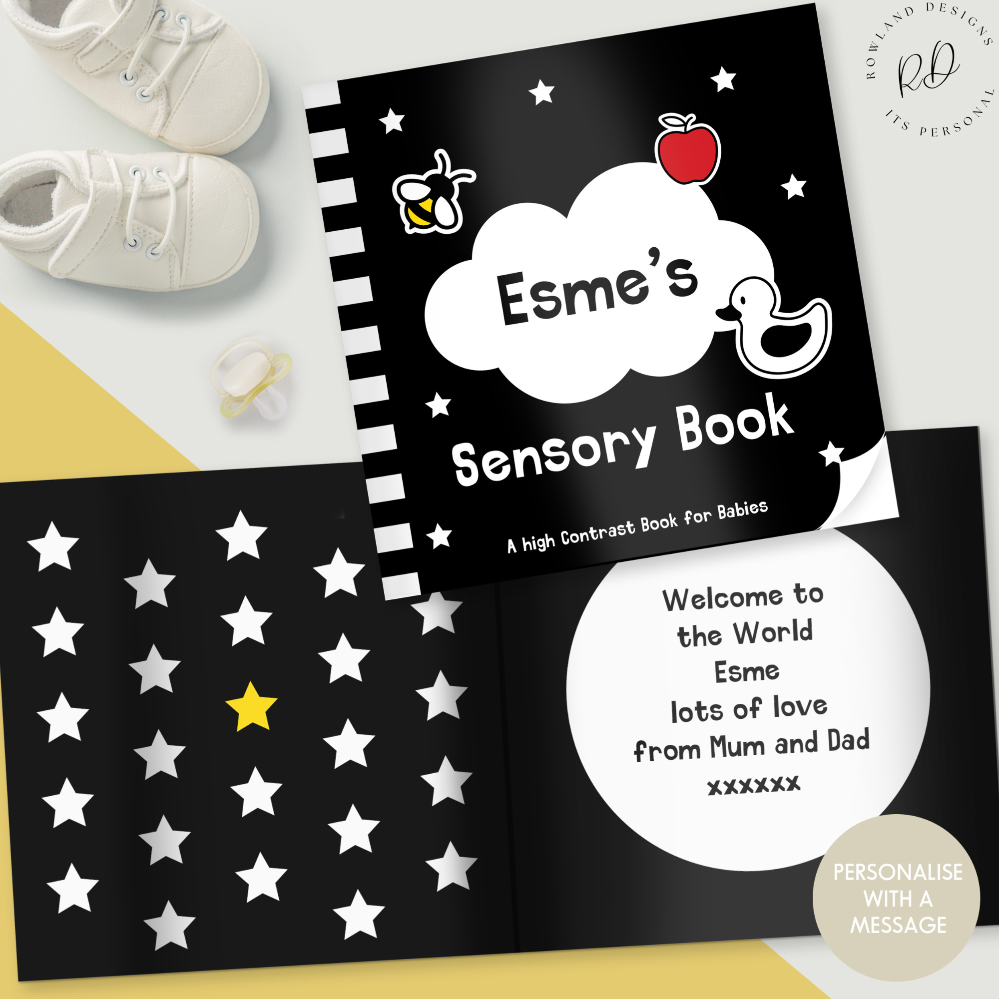 Personalised black and white baby book with child’s name