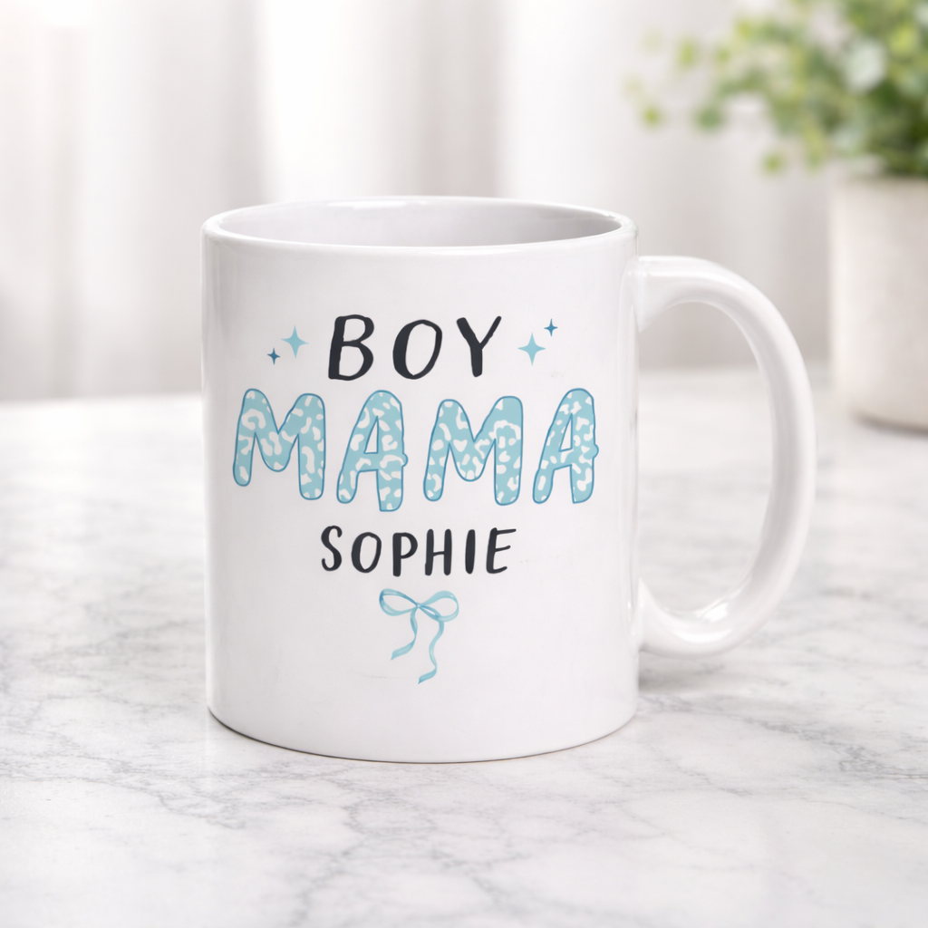 White mug with 'BOY MAMA SOPHIE' text on a marble surface