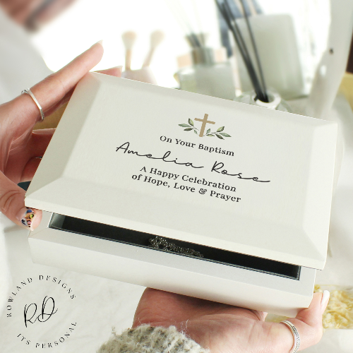 Front view of personalised wooden christening jewellery box