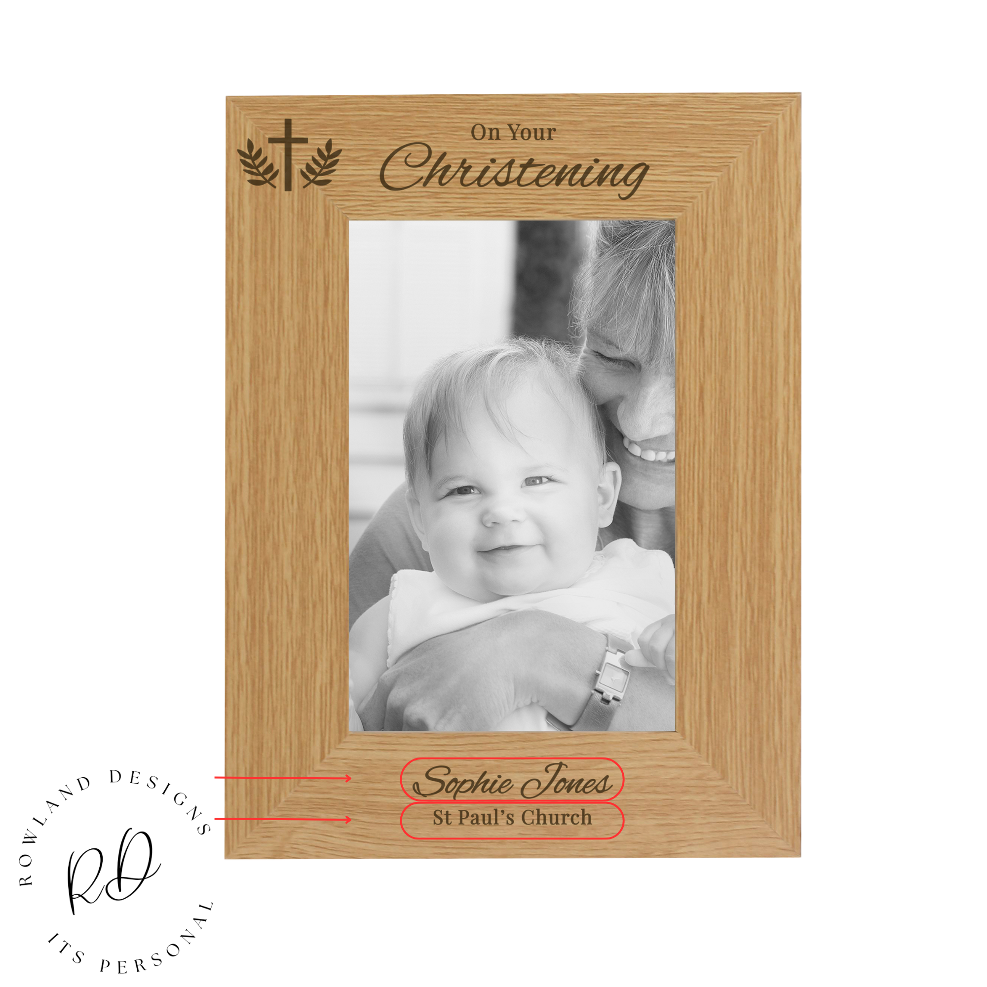 Personalised christening photo frame front view