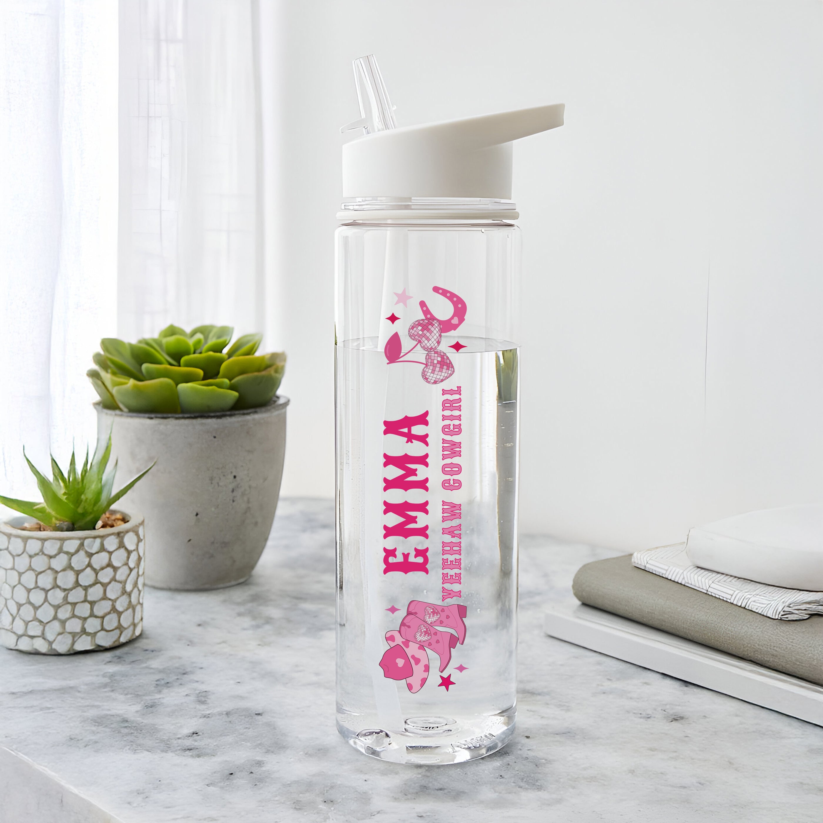 Personalised Cowgirl Design Water Bottle Pink 750ml Flip Spout Carry Loop