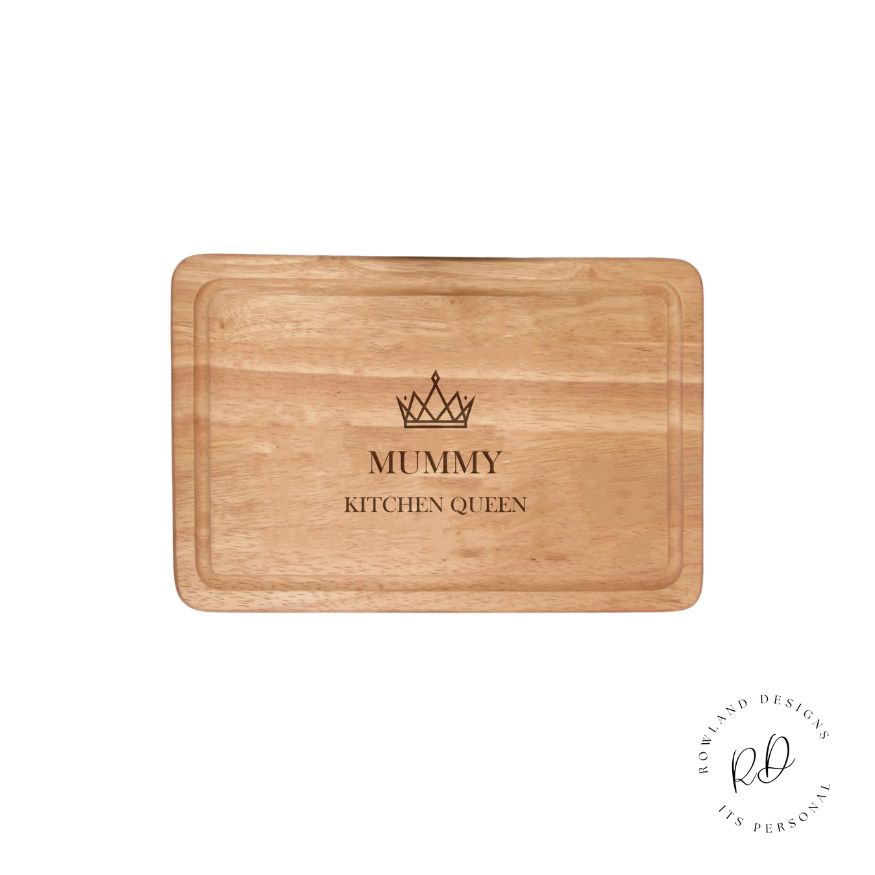 Personalised kitchen chopping board with engraved crown design