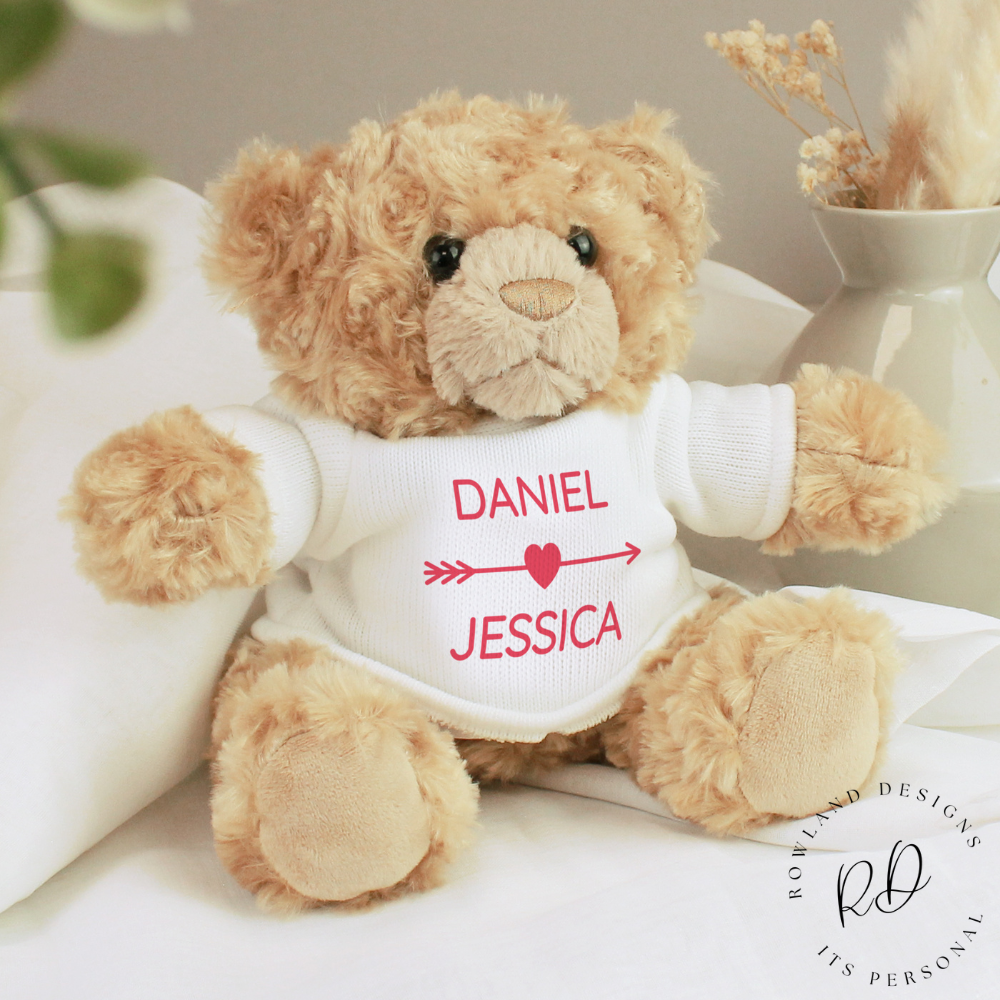 Personalised teddy bear with heart jumper and names