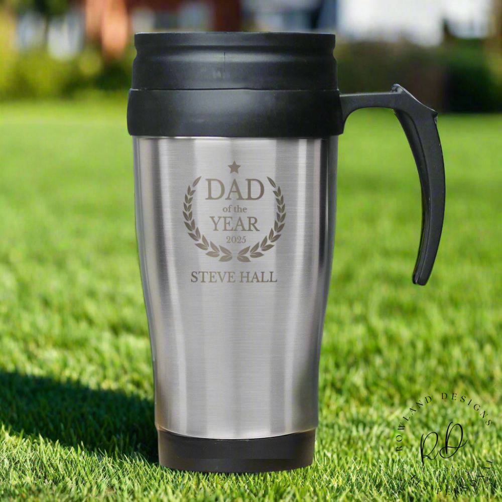 Personalised Dad of the Year travel mug with custom name and year