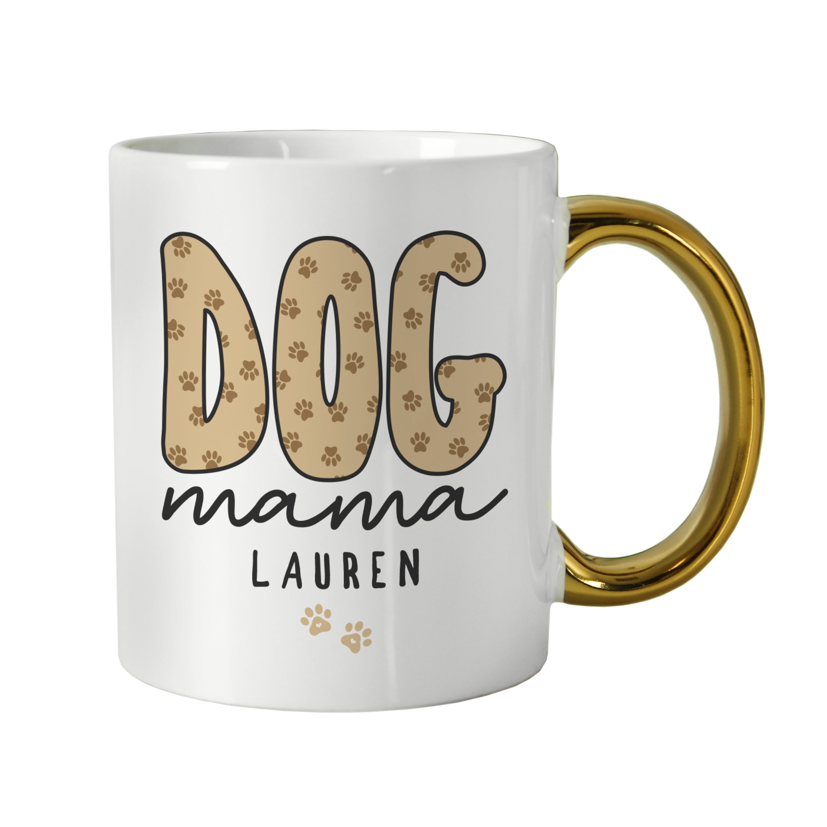 White mug with gold handle featuring 'DOG mama' text and paw prints on a white background