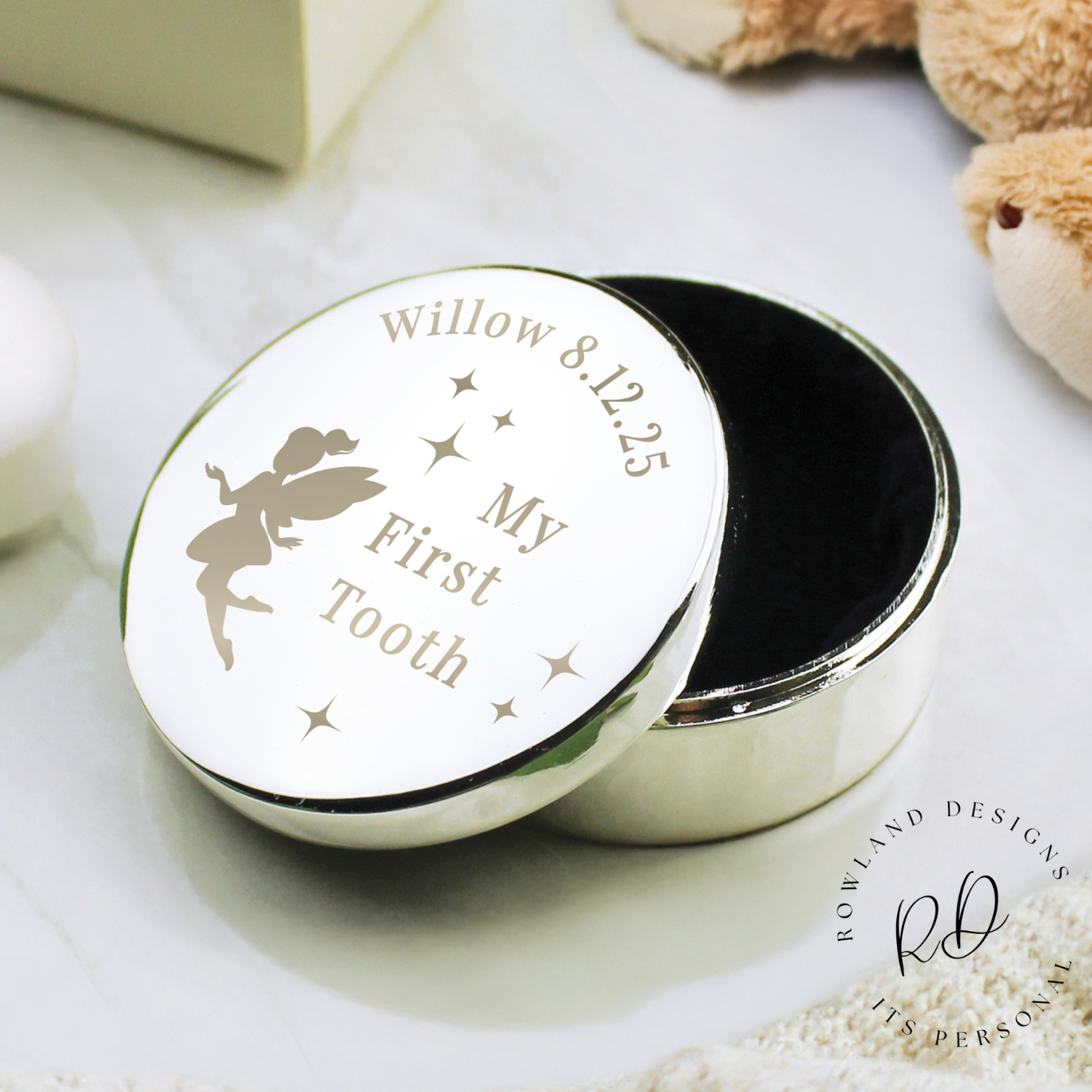 Personalised fairy-themed baby tooth keepsake box with custom message