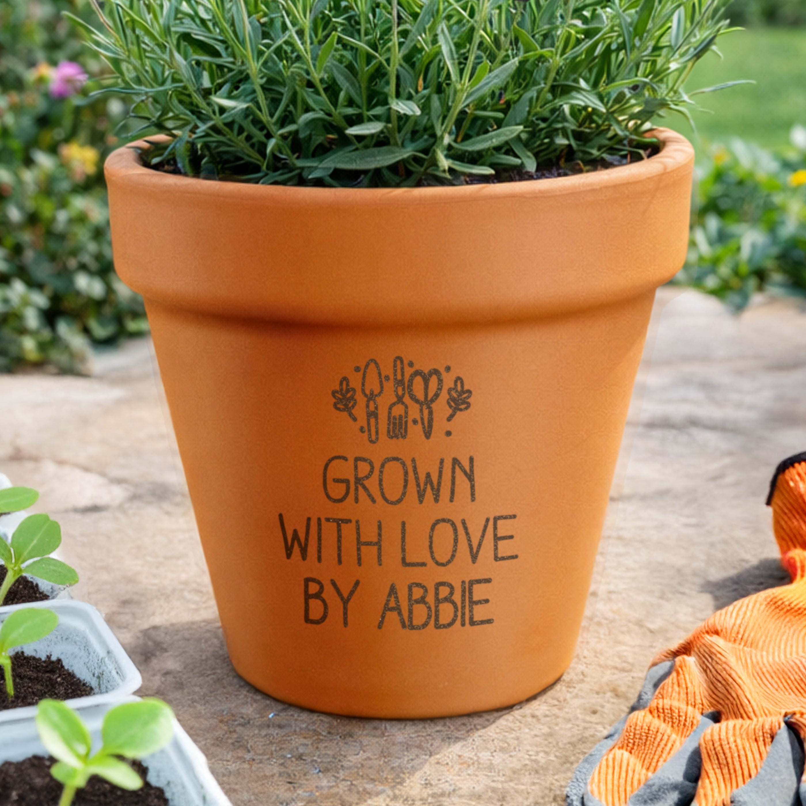 Personalised terracotta flower garden plant pot with engraved text on natural clay pot