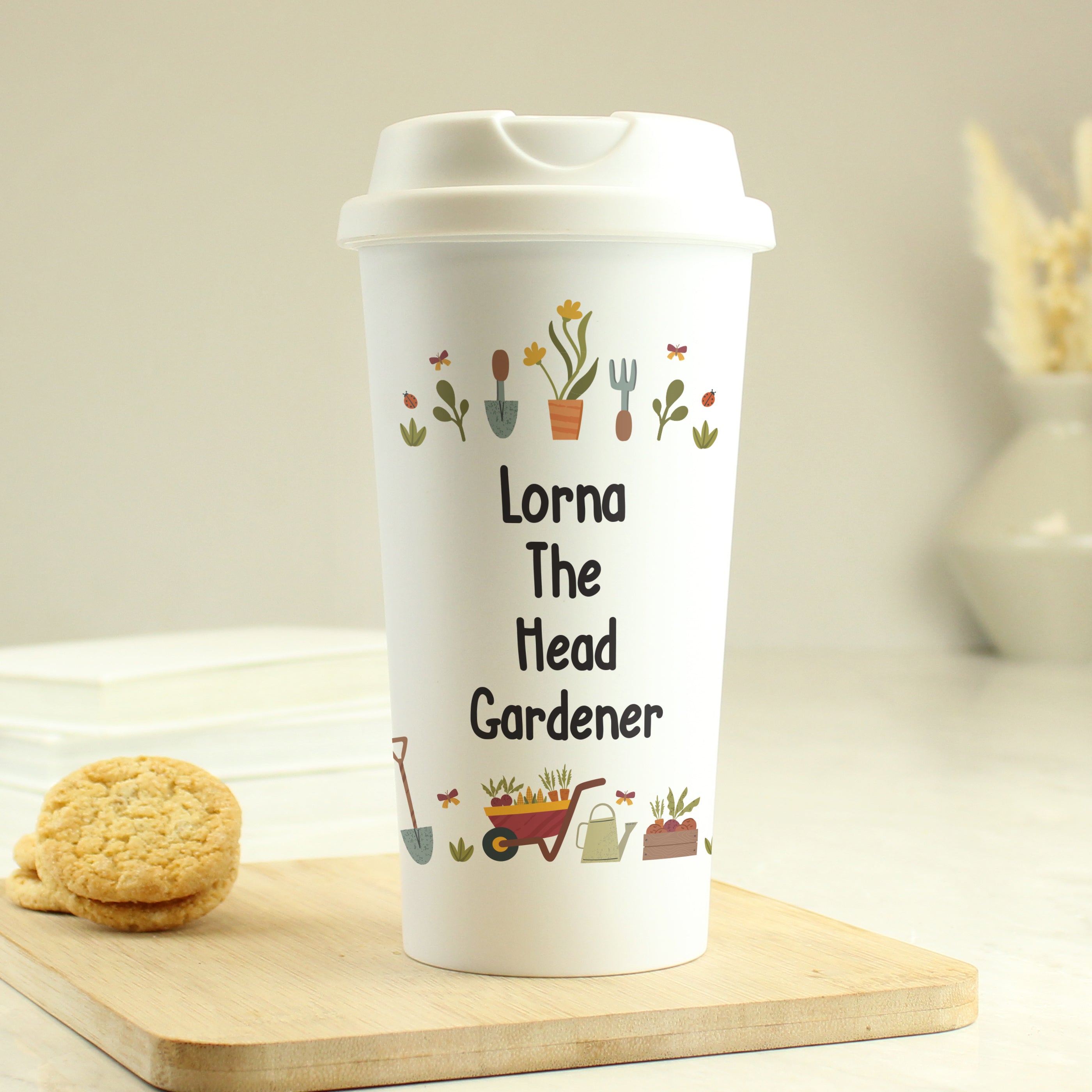 Personalised travel mug for garden lovers, ideal for hot drinks on the go