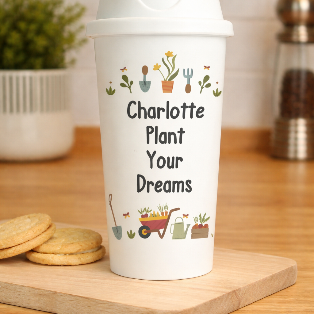 Personalised gardening travel mug with plant themed design and custom name