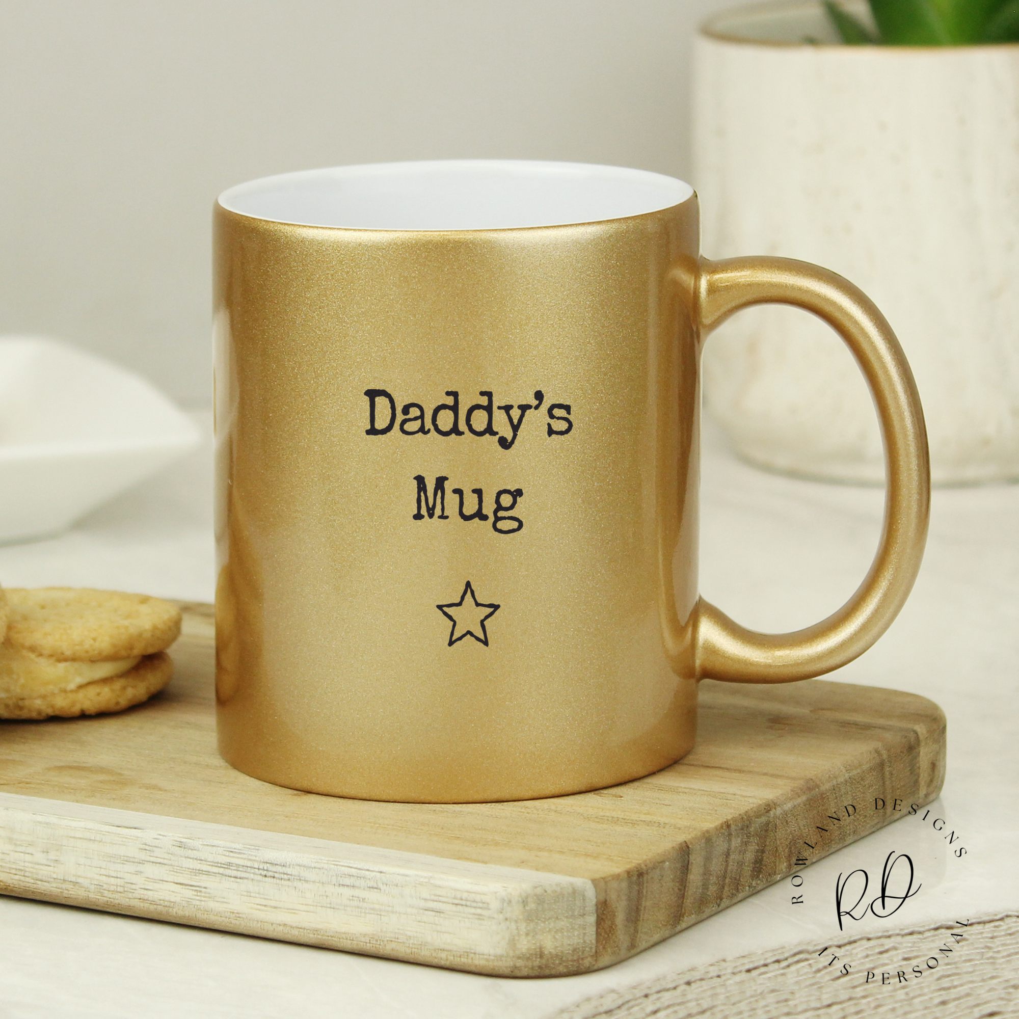 Personalised Gold Mug with custom text, front view.