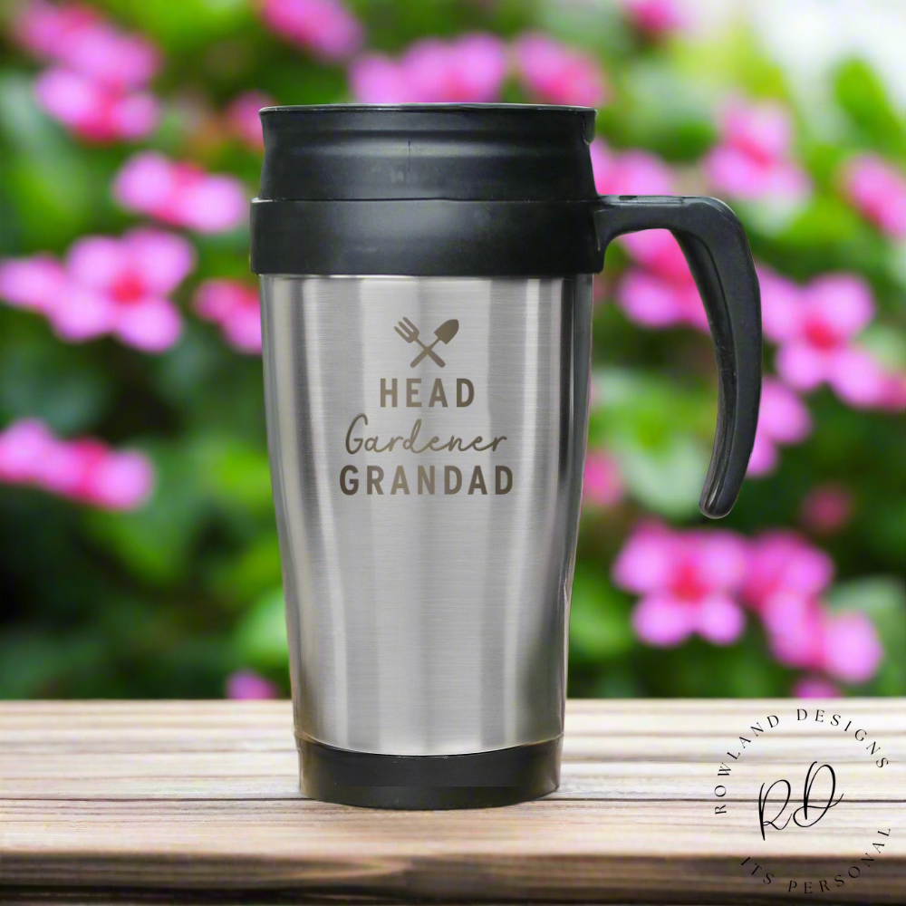 Stainless steel travel mug with Head Gardener text and custom name