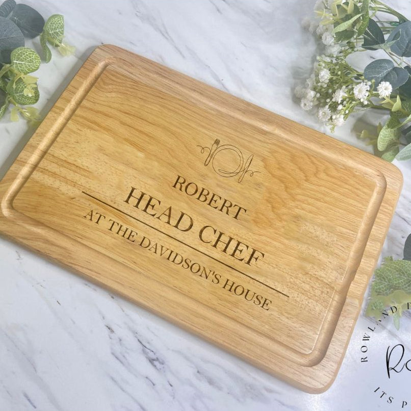 Personalised wooden chopping board with knife and fork design engraved