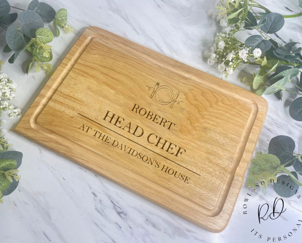 Personalised wooden chopping board with knife and fork design engraved