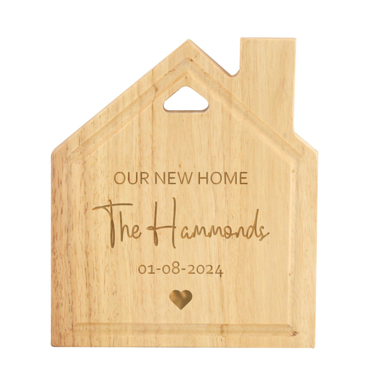 Wooden chopping board featuring laser-engraved house design – ideal personalised gift for couples or new homeowners.