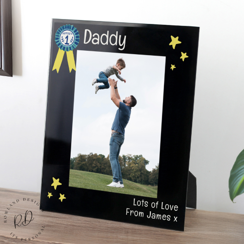 Personalised No.1 Black Glass 5x7 Frame with customisable text, ideal for Father's Day and special occasions.