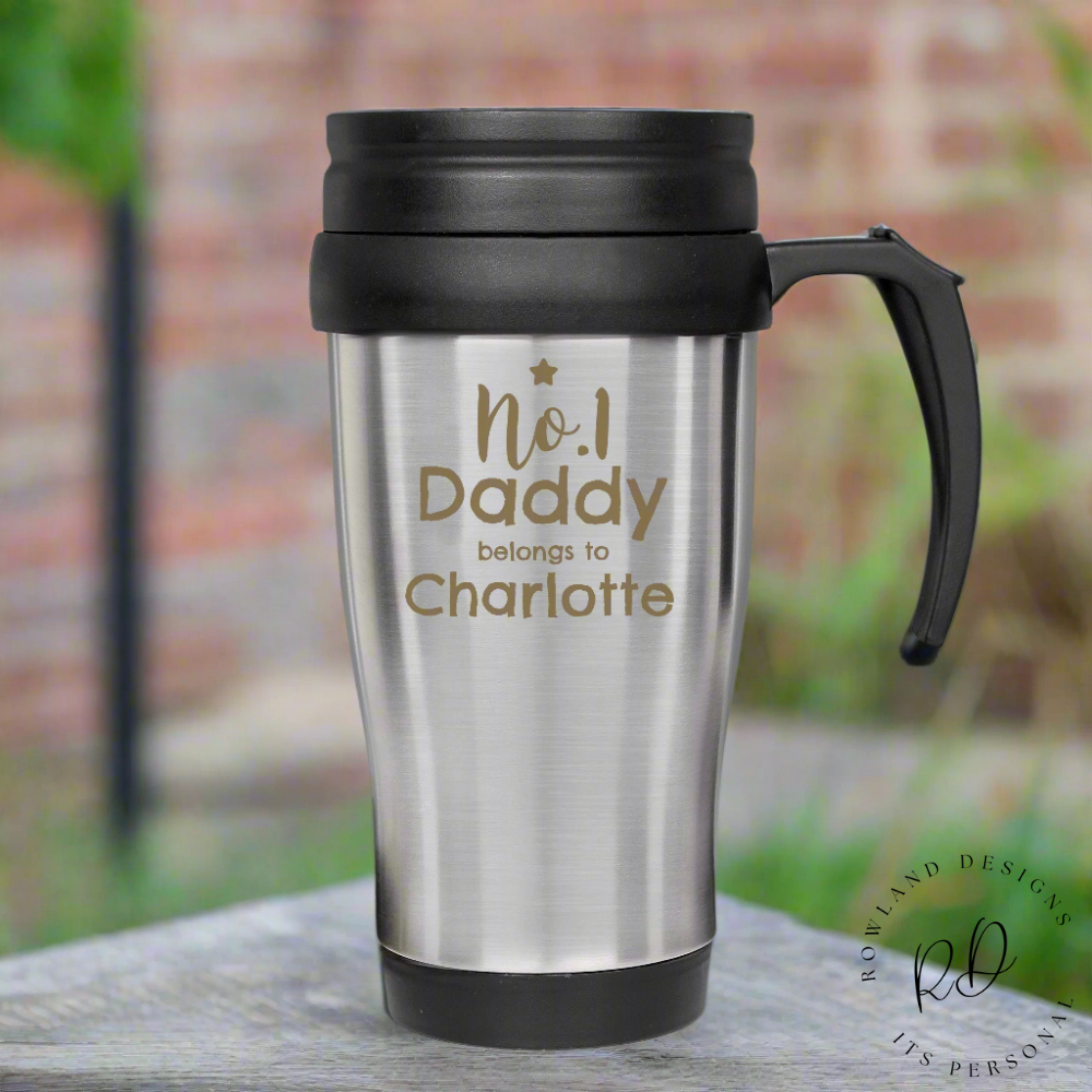 Front view of the personalised No.1 Daddy travel mug with custom name printed below the fixed message.