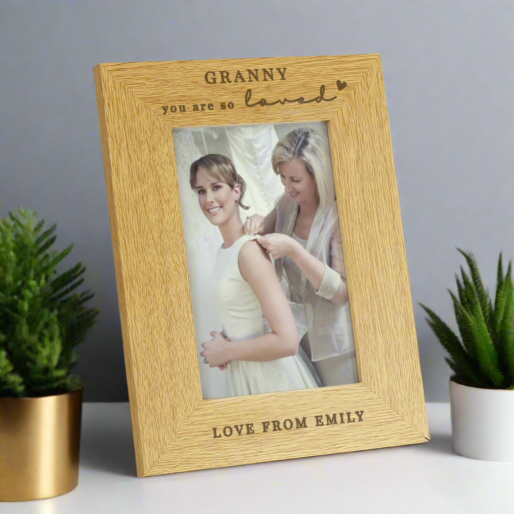 Personalised oak photo frame with custom engraving, "You Are So Loved" and custom text for a meaningful gift.