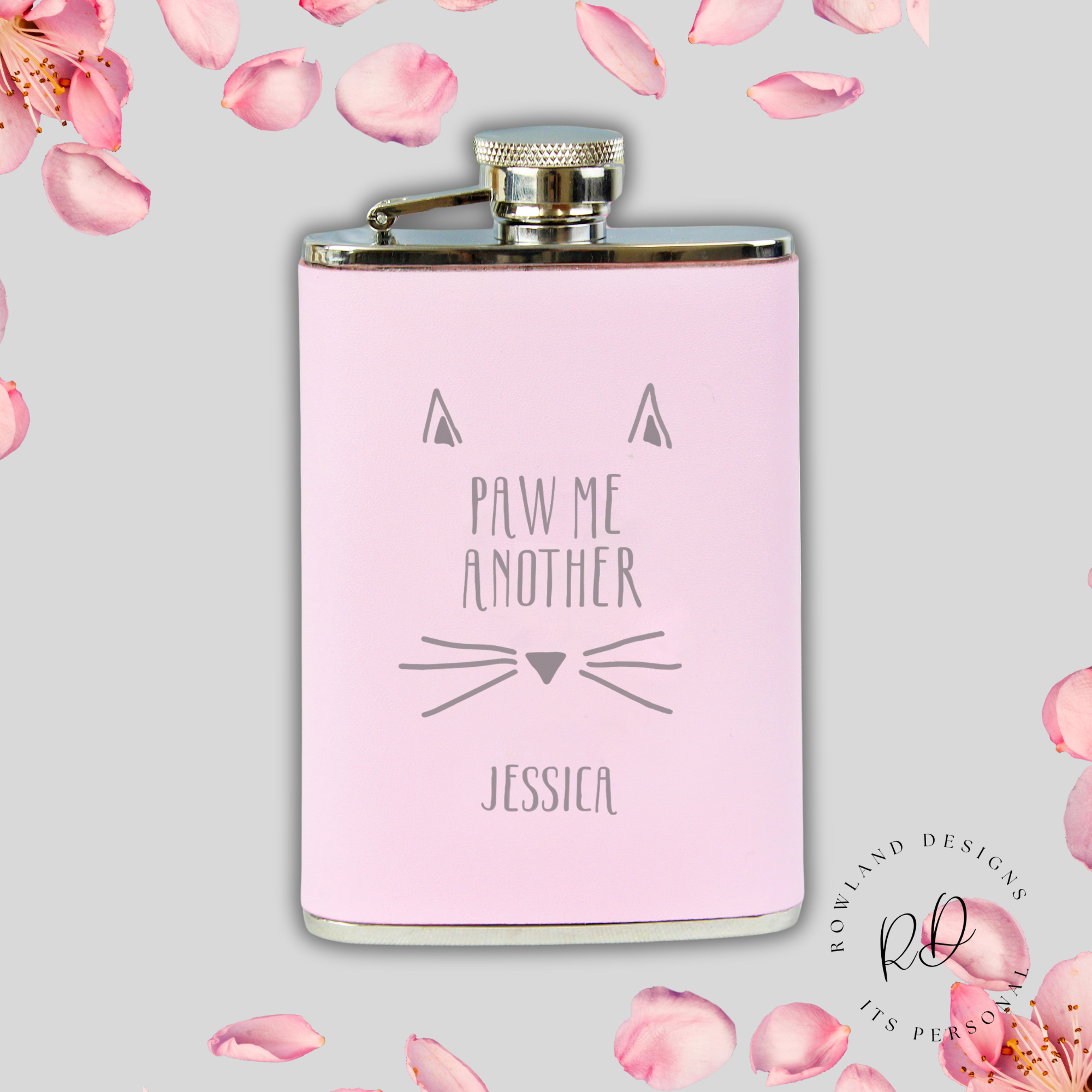 Engraved pink hip flask with "Paw Me Another" text.