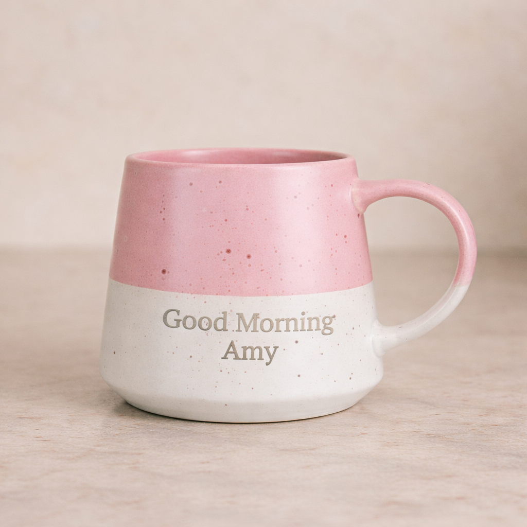 Personalised pink speckled ceramic mug with - Good Morning Amy message