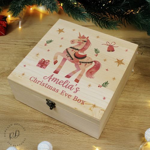 Personalised Pink Unicorn Wooden Christmas Eve Box 2 Lines Custom Name