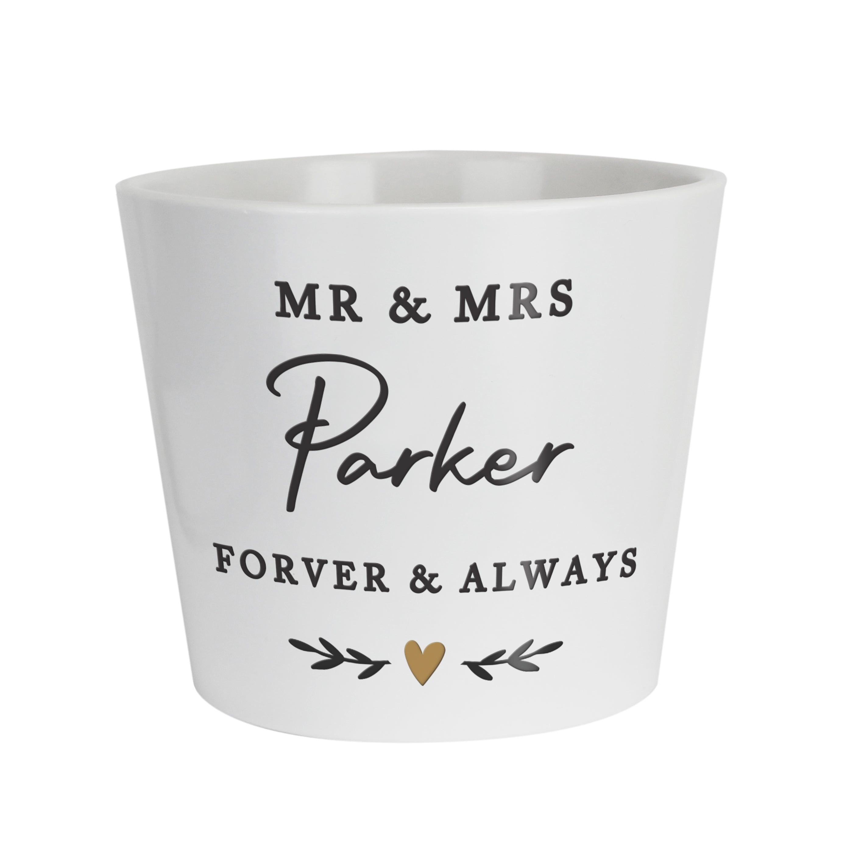 White mug with 'MR & MRS Parker Forver & Always' text on a white background