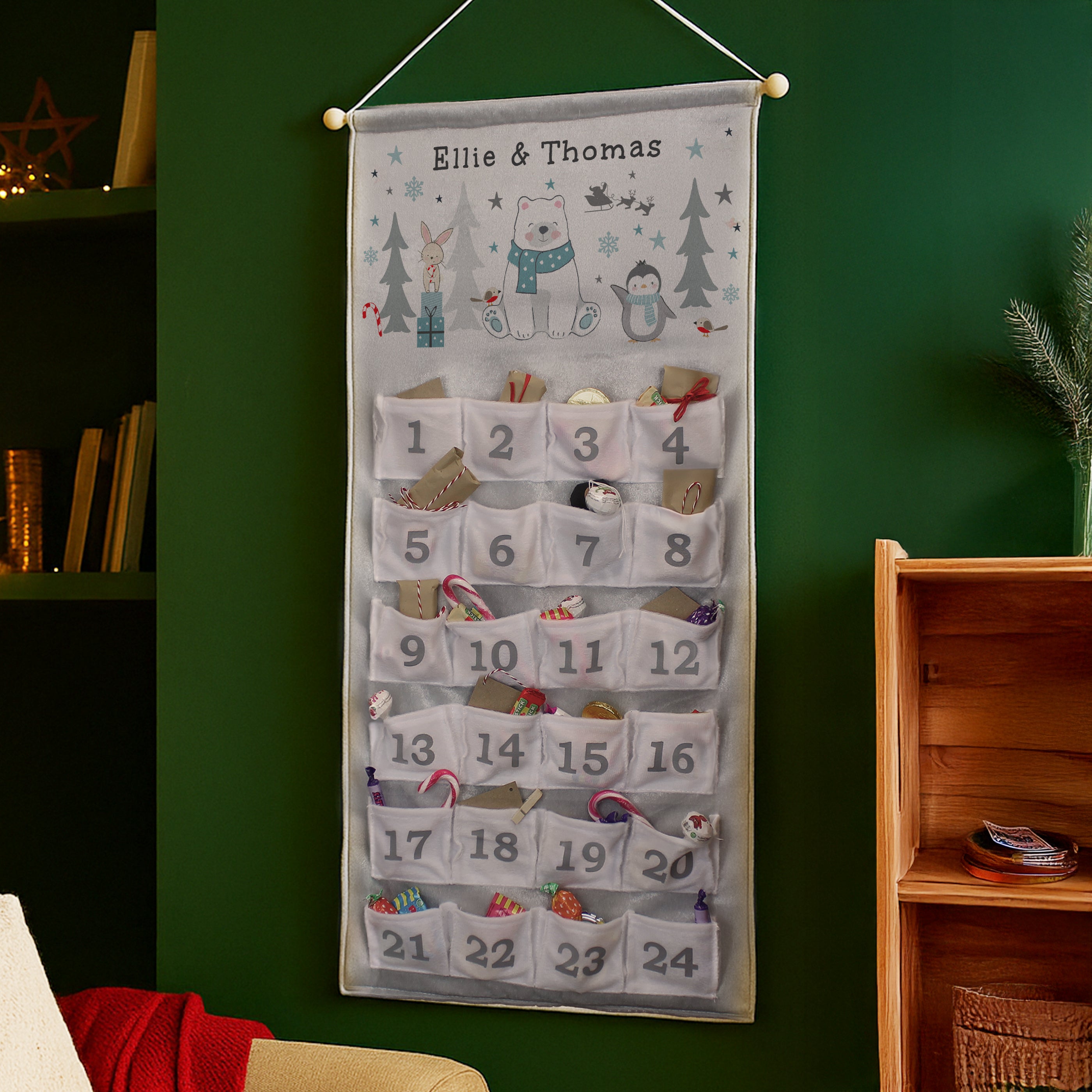 Full view of personalised polar bear fabric advent calendar wall hanging.