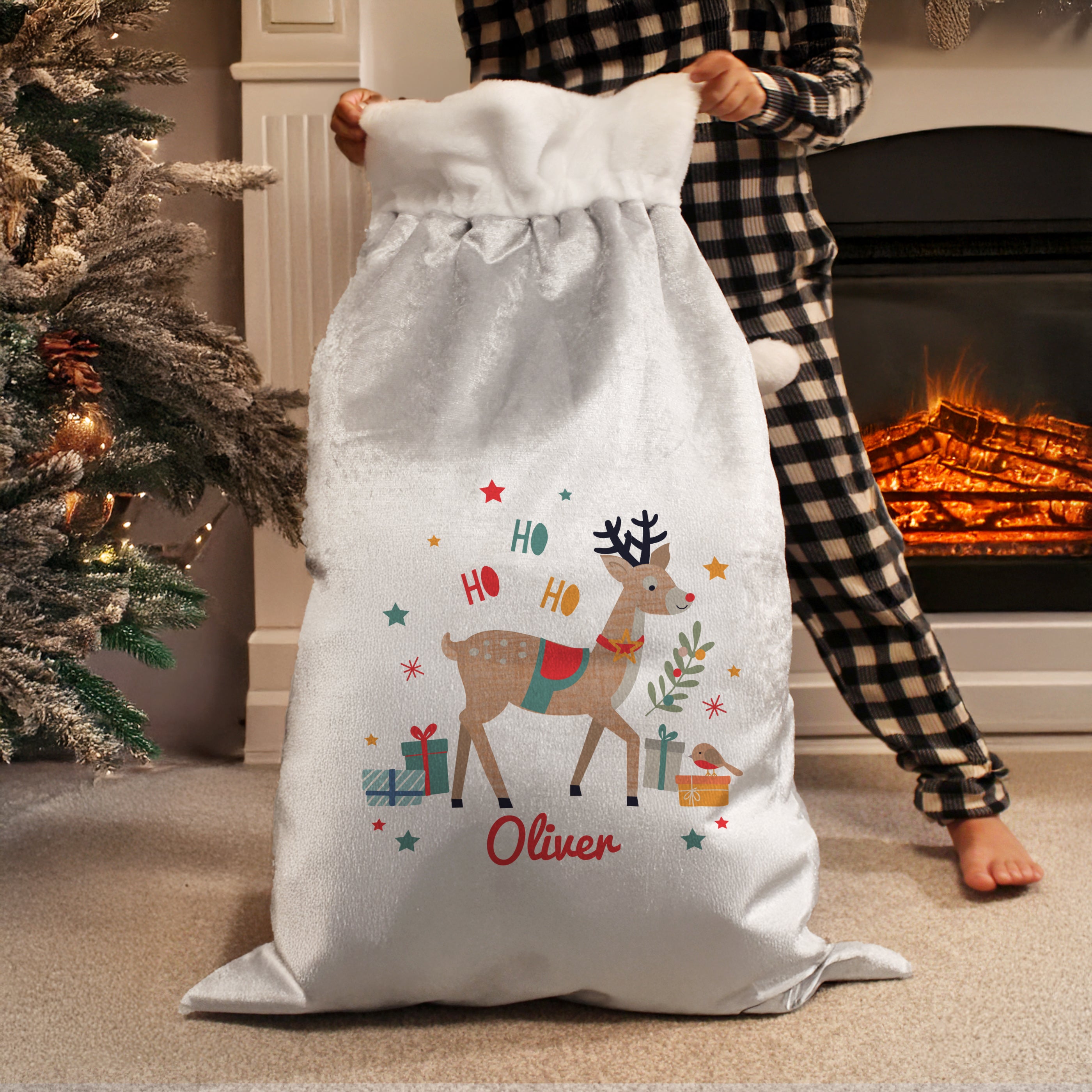 Full view of the personalised luxury reindeer Christmas sack for Santa's gifts.