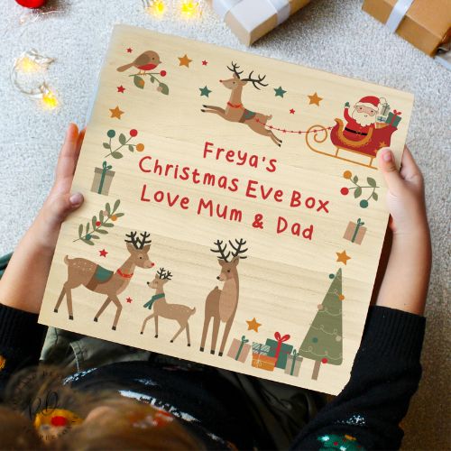 Personalised Santa and Reindeer Wooden Christmas Eve Box 3 Lines Custom Text